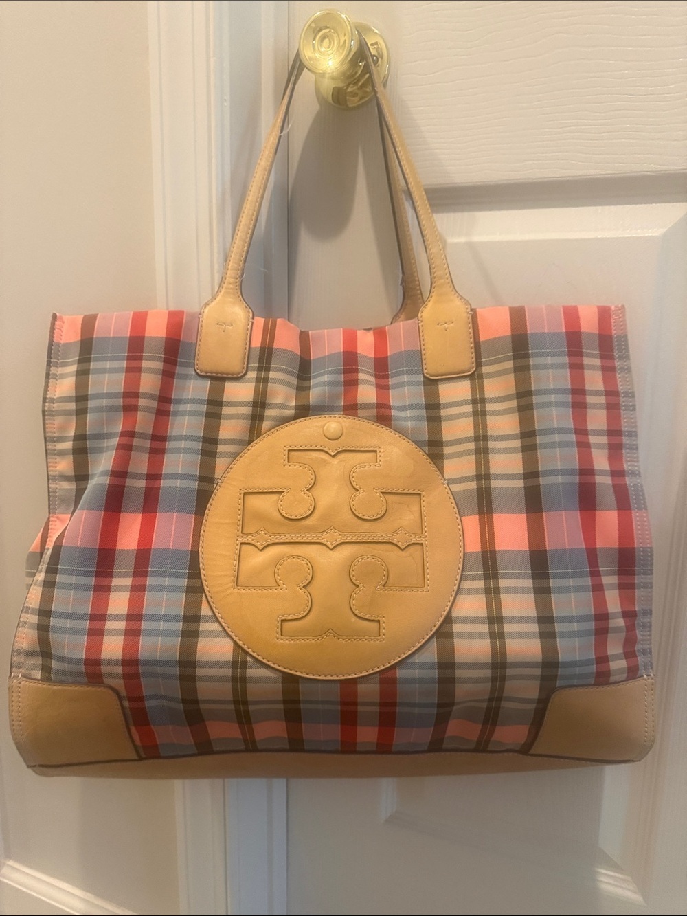 Tory Burch Multicolor Plaid Canvas Tote with Tan Leather Logo
